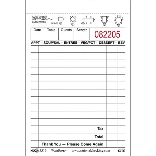 NCCO Server Order Pads – White 1 Part Paper – (1 Pack of 10 Books) – Item 3516SP
