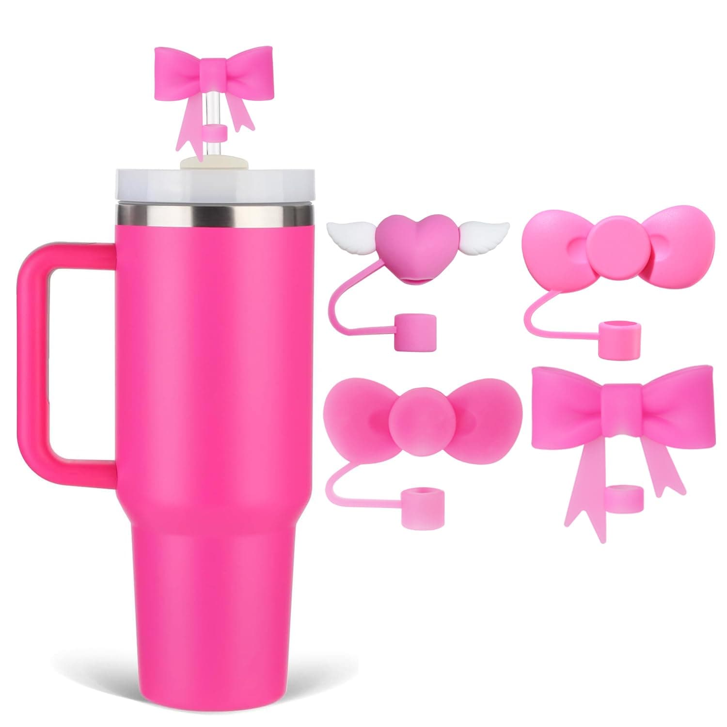 Rose Bow Straw Covers Cap Toppers Compatible with Stanley Cups, Cute 10mm Reusable Silicone Straws Topper for 40oz Tumbler with Handle, Stanleys Cup Accessories,4Pcs