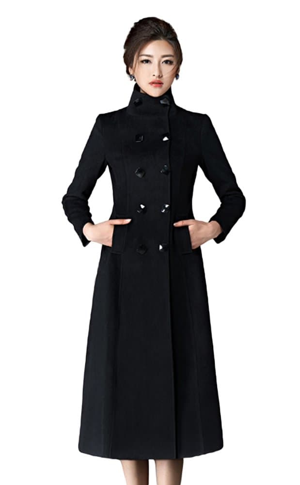 Women's Double Breasted Lapel Walker Long Wool Coat Black M