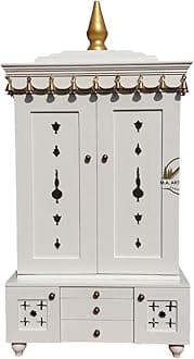 Wooden Temple Mandir White Beautiful Hanging Bells Handcrafted Pooja Ghar Mandir (Design 30)