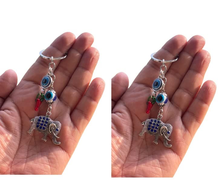 BLUE BEADS Silver and Blue Evil Eye with Elephant Design Keychain For Bike/Car Gifting With Key Ring Anti-Rust (Pack Of 2)