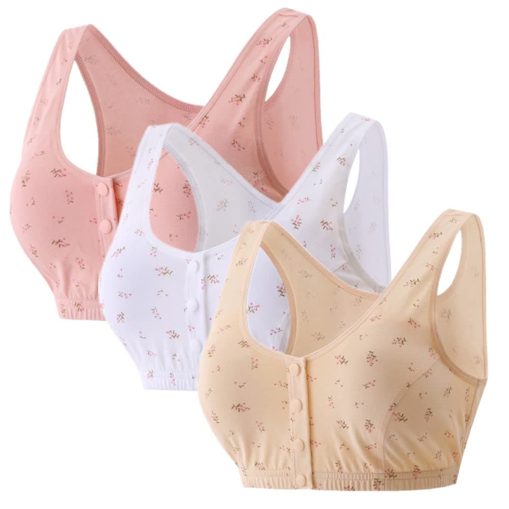 3Pack Middle-Aged Elder Woman Floral Wirefree Bra Front Button Closeure Soft Cotton Bra for Mom Grandma Gift