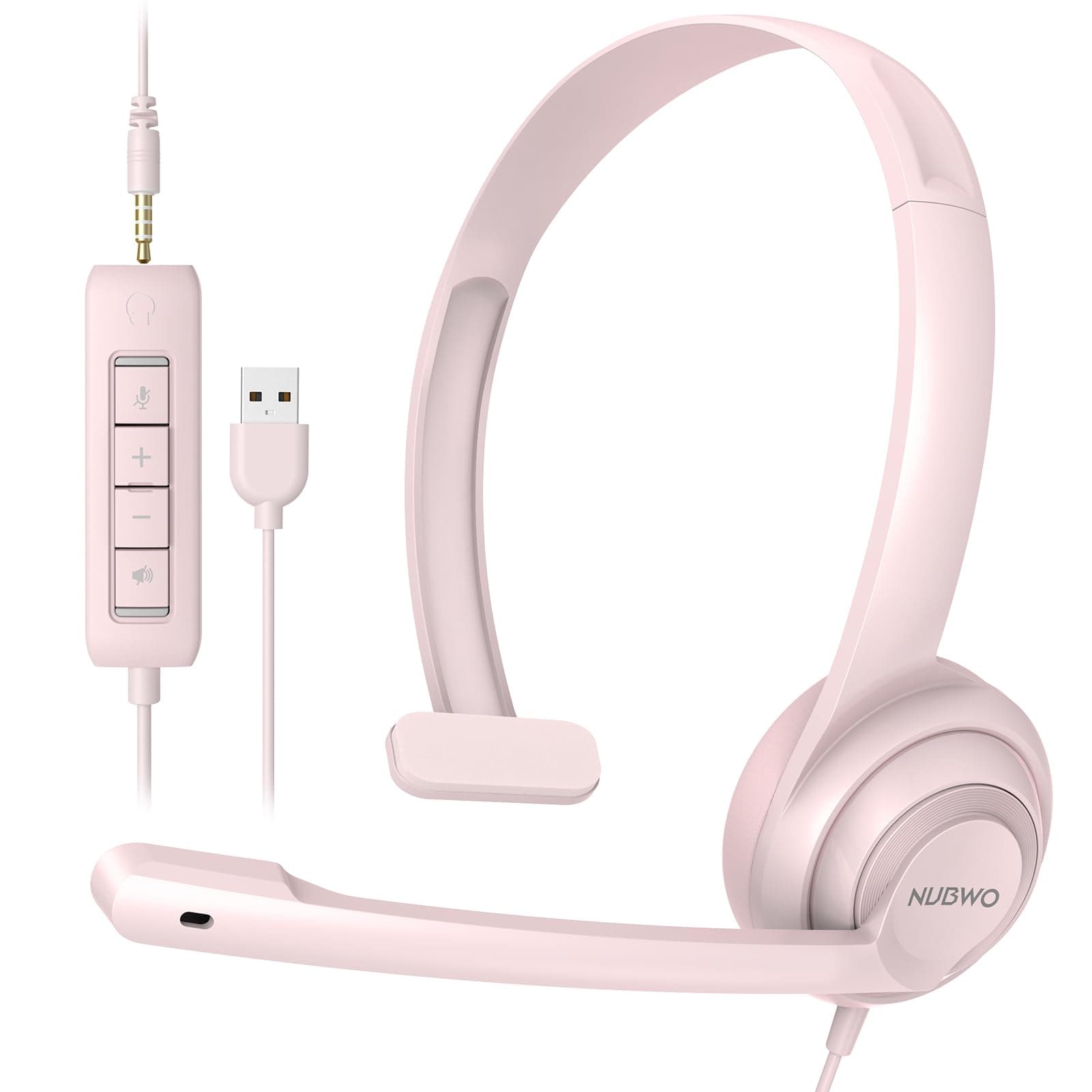 - NUBWO HW02 USB Headset with Microphone Noise Cancelling &in-line Control, Ultra Comfort Computer Headphones for Laptop pc, On-Ear Wired Office Call Center Headsets for Boom Skype Webinars (Pink)