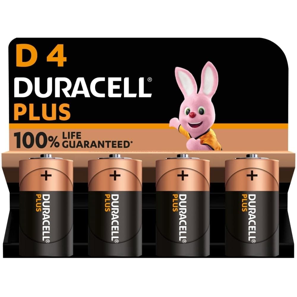 Duracell Plus D Batteries (4 Pack) - Alkaline 1.5V - 100% Life Guaranteed - Reliability For Everyday Devices - 0% Plastic Packaging - 10-Year Storage - LR20 MN1300