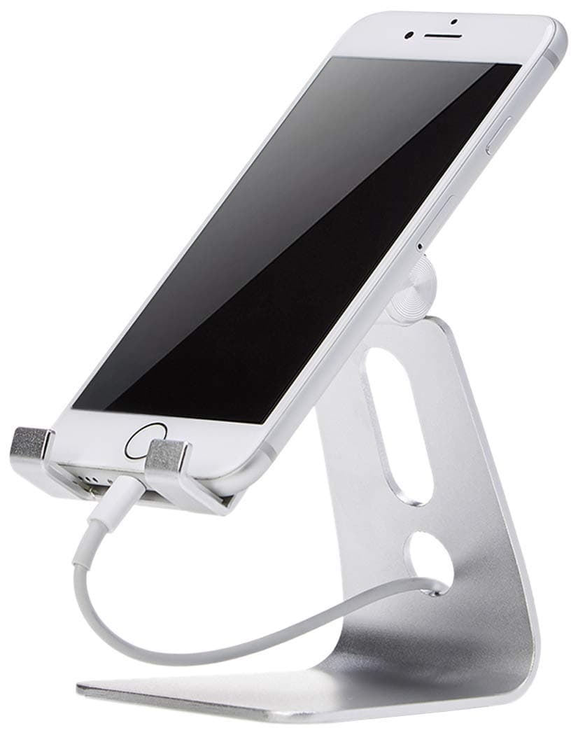 Amazon Basics Adjustable Aluminum Phone Stand for Cell Phones, iPhone and Android, Desktop Phone Holder with Adjustable Angle, Hands-Free Viewing, 3.15 x 2.87 x 3.74 inch, Silver