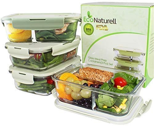 3 & 2 Compartments Glass Meal Prep Containers (3-Pack) | Airtight Glass Food Storage Container, Portion Control | Leakproof Glass Bento Lunch Box Container | Freezer, Oven, Microwave safe, 32 oz