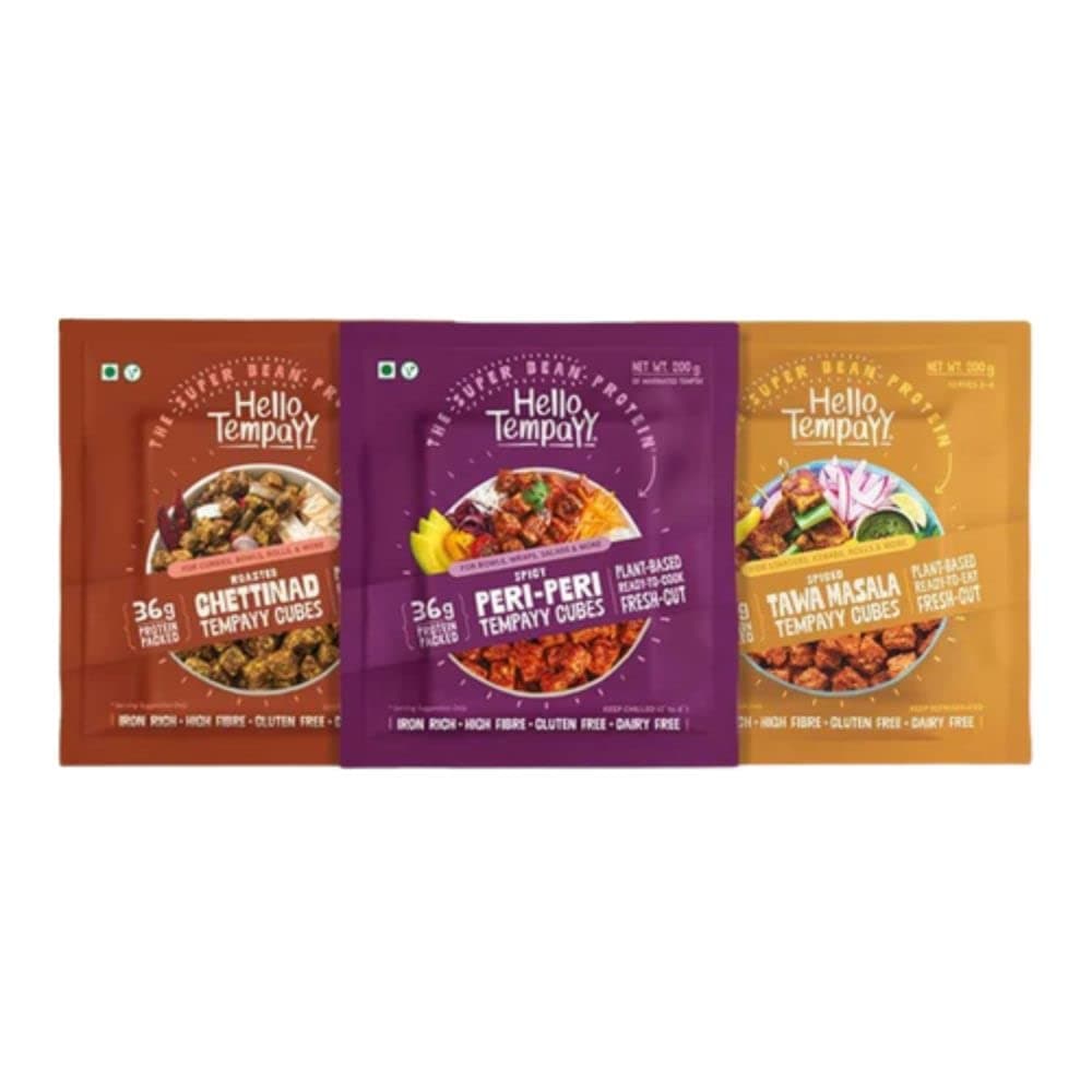 Hello Tempayy Spice Fix | Pack of 3 Marinated Tempeh (Peri Peri, Chettinad, Tawa Masala) (200g Each)- Veg Protein | Dairy & Gluten Free | High Fiber | Low Carb | No Preservatives & Additives