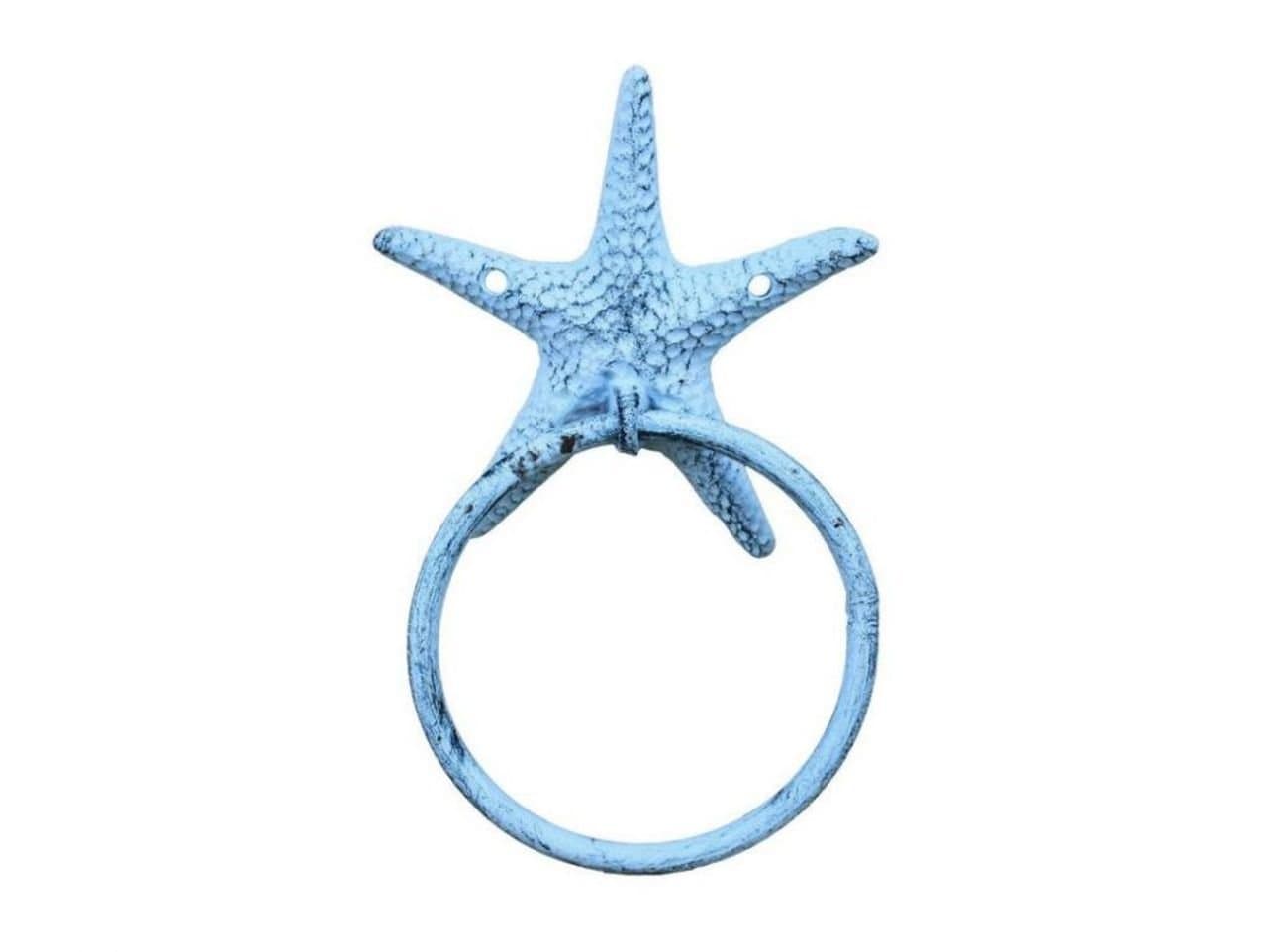 Hampton NauticalRustic Dark Blue Whitewashed Cast Iron Starfish Towel Holder 8.5 Inch - Starfish Decoration - Sea Home