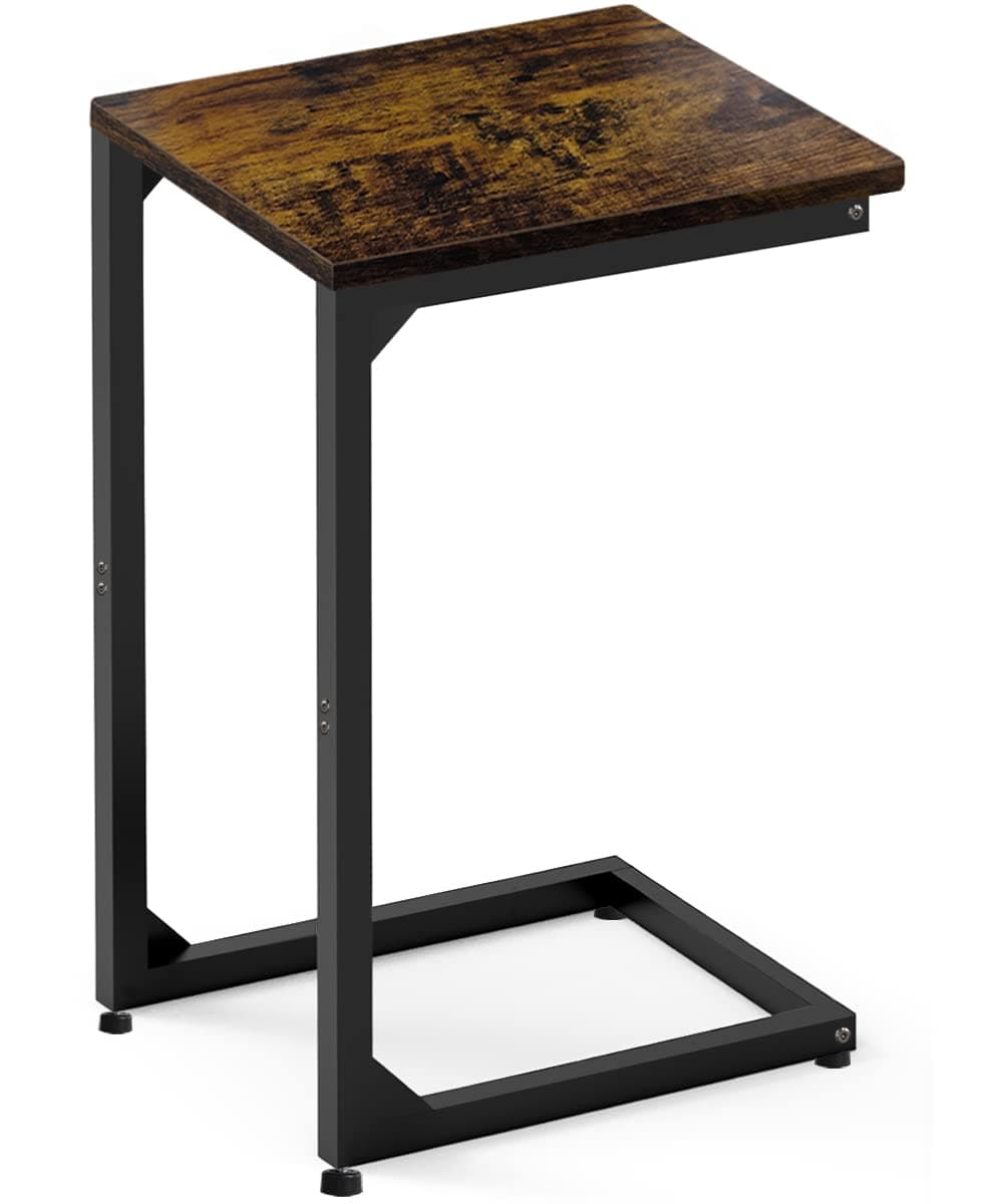 ArtigardenC Shaped End Table, Side Tables Couch TV Tray Table, Small Snack Table Sofa Table with Metal Frame for Living Room, Bedroom, Bedside for Small Spaces, Rustic Brown Black