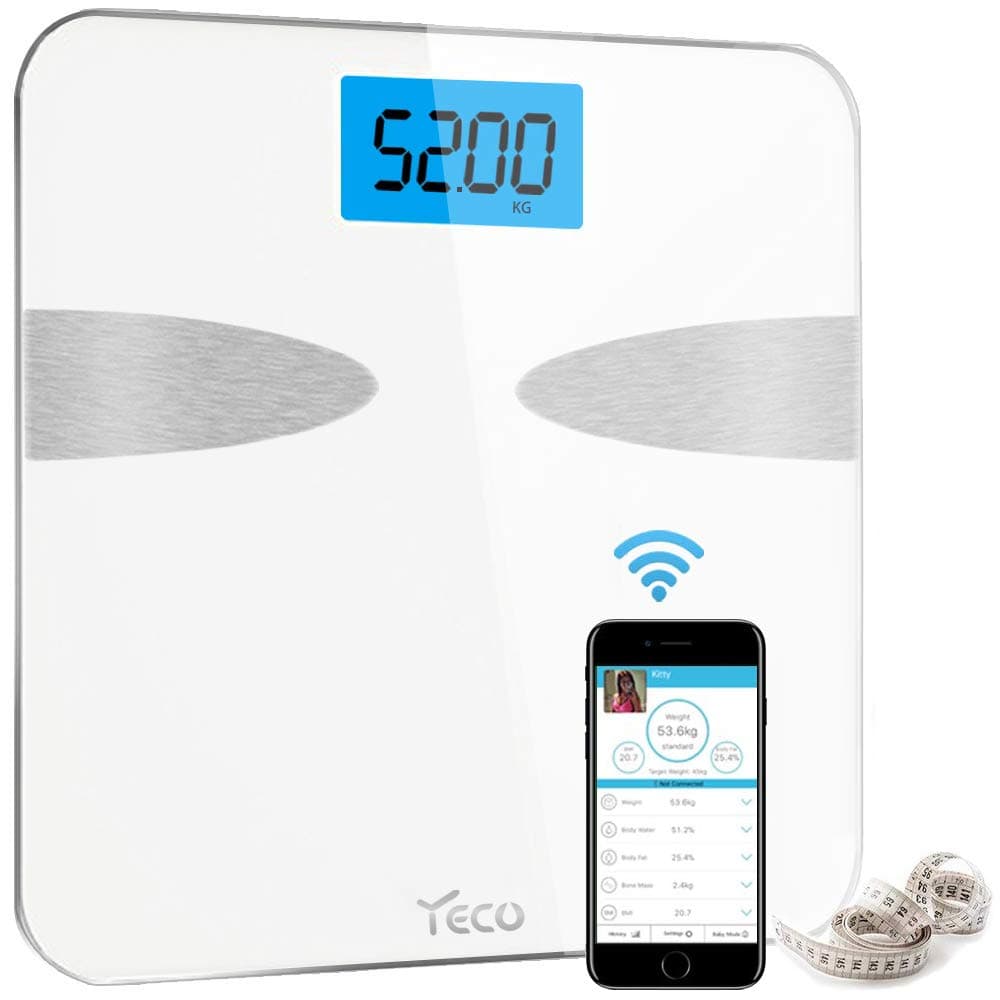 Bluetooth Body Fat Scale, YECO Smart Digital Bathroom Scale with iOS and Android App for Body Weight, Body Fat, Water, Muscle Mass, BMI, BMR, Bone Mass and Visceral Fat, White, Best Fathers Day Gifts