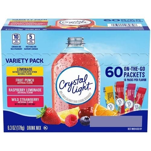 Blunon Crystal Light Powdered Drink Mix Lemonade, Fruit Punch, Raspberry Lemonade and Wild Strawberry Variety Pack (60 Count)