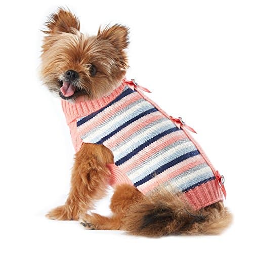 Smoochie Pooch Pink and Navy Striped Bow Placket Sweater, Large