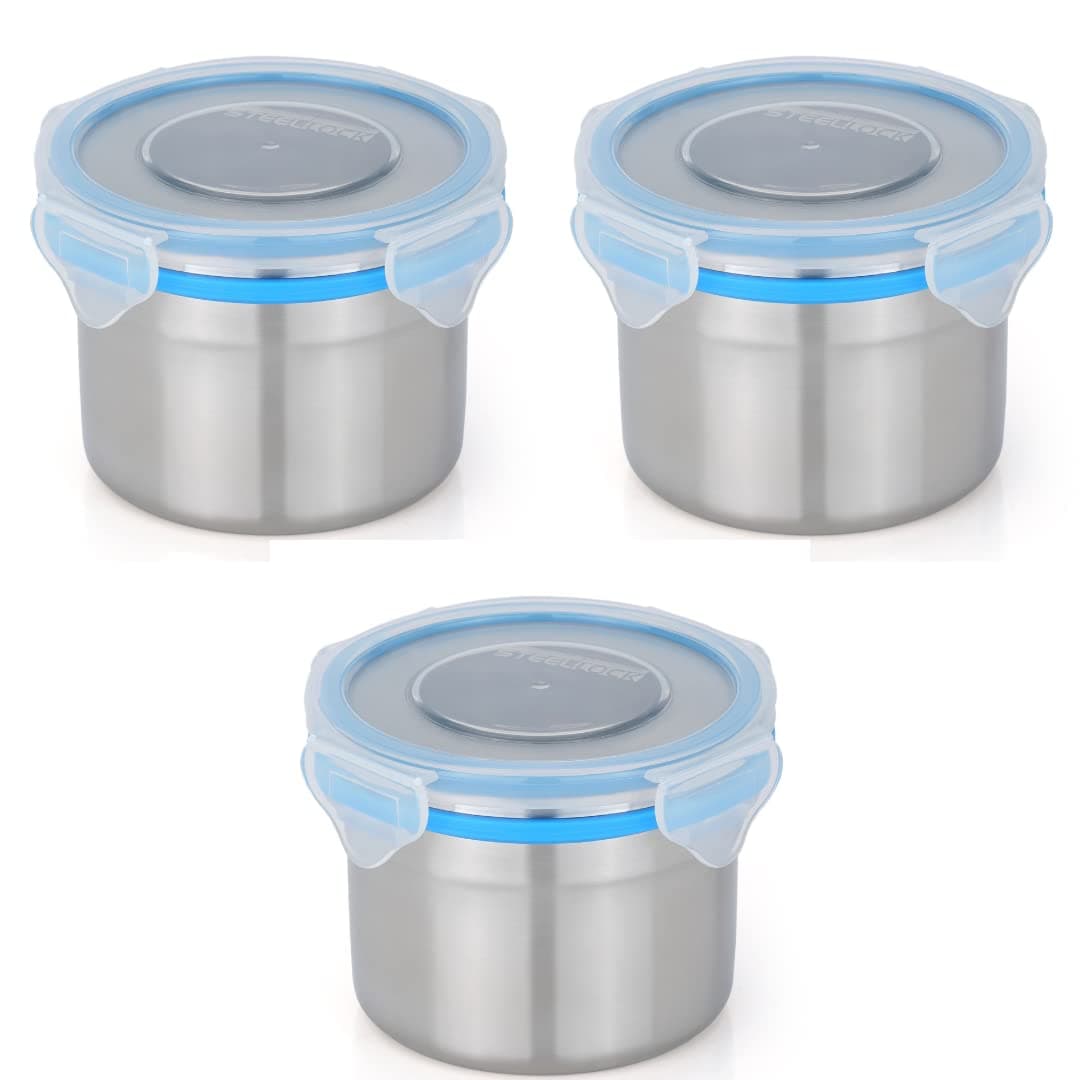 STEELLOCK Stainless Steel Container/Dabba with 4 Side Clip Lock see through Lid for Office & School Use/Food Grade/Air Tight/Easy to Carry/Leak Proof (SL-1202-3pcs X 350 ml, Blue)