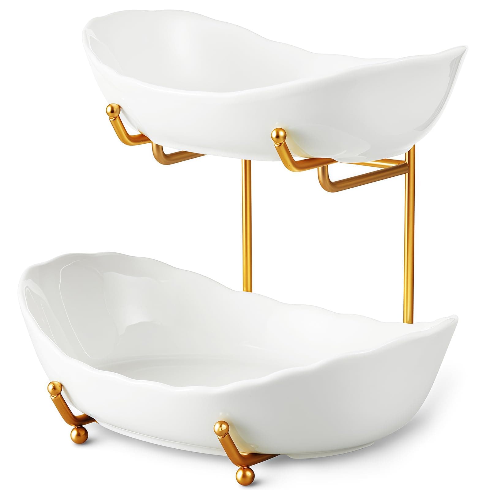 2 Tier Ceramic Fruit Bowl for Kitchen Counter, Tiered Fruit Basket for Countertop, Modern Multi Layer Fruit Display Stand for Party, Cute (Gold&White, Small)