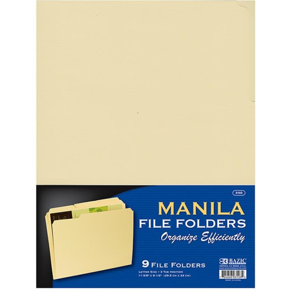 BAZIC Manila File Folder 1/3 Cut Letter Size, Left Right Center Tabs Positions, for Organizing Filing Document Storage, Total 6-Count