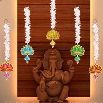 5 Pc Multicolor Long Lotus Gajra Jhumka Wall Temple Hanging Thoran Bandarwal Decorative Showpiece for Diwali Ganesh Chaturthi Pooja Home Festival Decoration