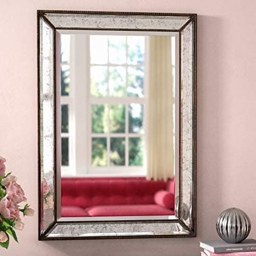 Large Rectangle Antique Decorative Accent Wall Mounted Mirror in Rectangular shapes Angled Beveled Mirror Frame and Beaded Accents Living room Bedroom Vanity Bathroom Horizontal & Vertical (24x36)
