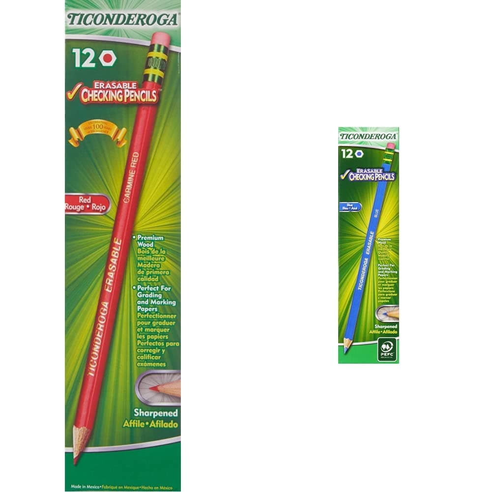 Ticonderoga Erasable Checking Pencils with Eraser, Pre-sharpened, Red, 12-Pack (14259) & Erasable Checking Wood-Cased Pencils, Pre-Sharpened, Blue, 12 Count