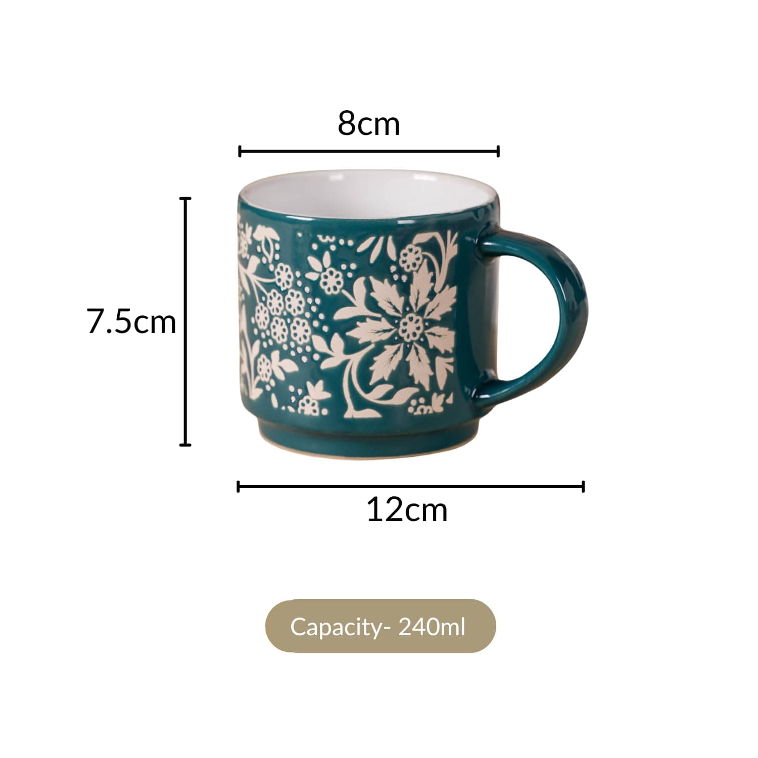 Nestasia Stackable Ceramic Cups Set of 4 (240 ml Each) | Microwave & Dishwasher Safe Tea & Coffee Cups with Glossy Finish | Ideal for Gifting (Floral Green)