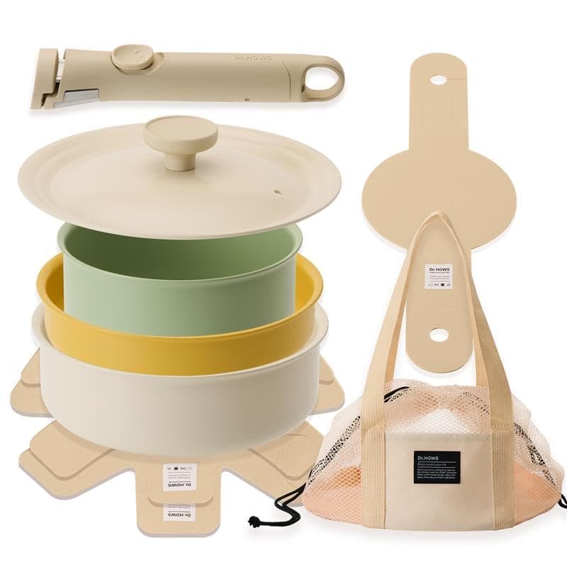 Dr.HOWS DANZI Cookware Set, PFOA-free Nonstick Ceramic Coated Pots and Pans, Great for Campers, Multi-size Lid, Detachable Handle, For Gas, Electric, Halogen, Induction stoves PFOA free (7P Set)