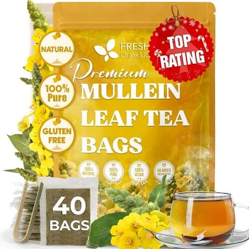 FreshDrinkUS, Premium 40 Mullein Leaf Tea Bags For Lung, 100% Natural & Pure from Mullein Leaves. Loose Leaf Mullein Herbal Tea. Made with Natural Material Tea Bags. No Sugar, No Caffeine, No Gluten, Vegan.