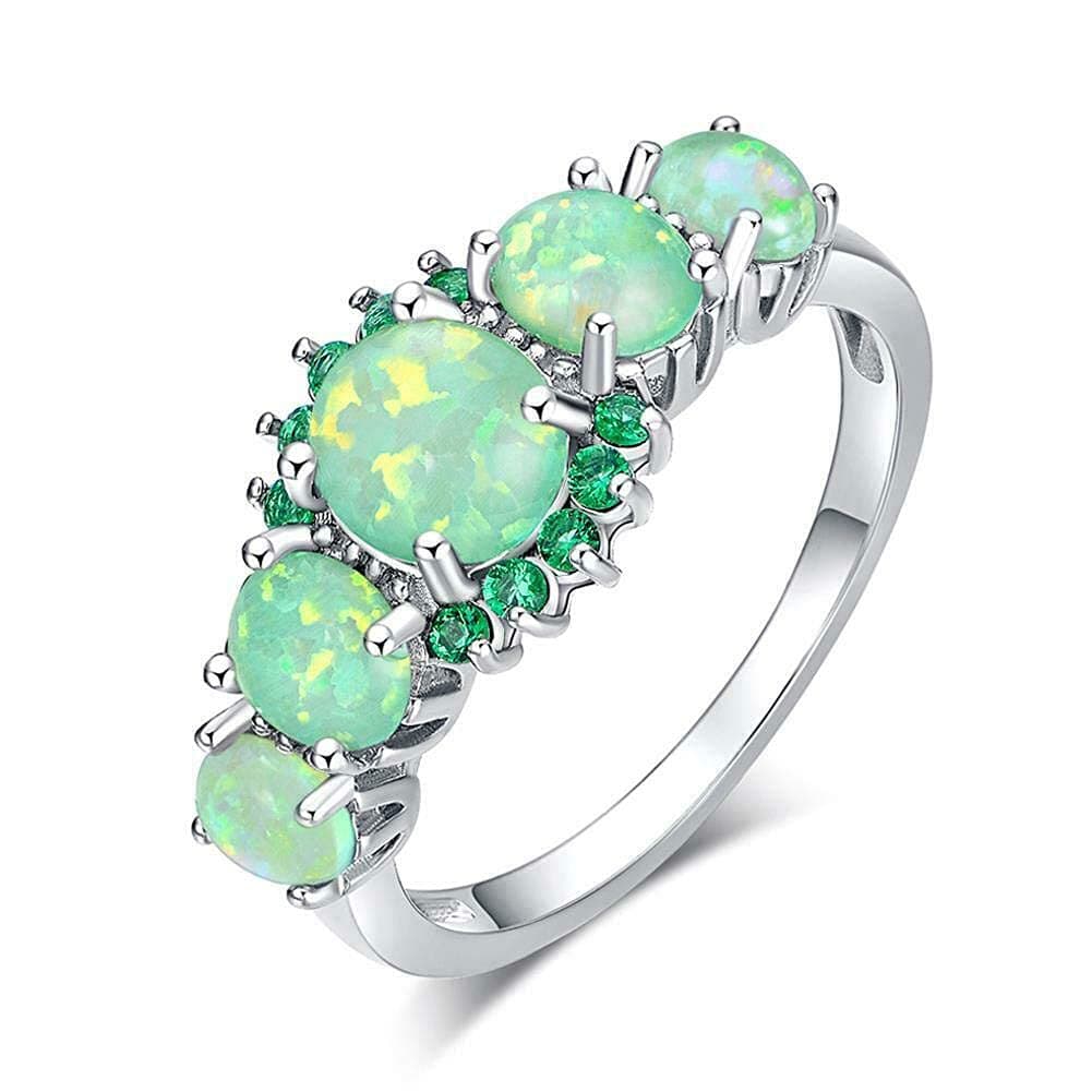 Silver Plated Green/Pink/White Fire Opal Ring Emerald Gemstone Ring Size 5-12