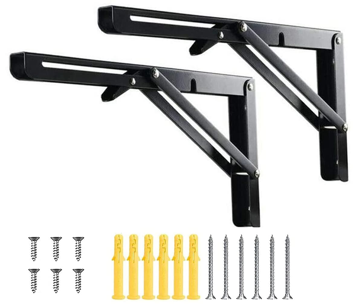 – THMINS 20inch Folding Shelf Brackets,Pack of 2, Triangle Bracket, Heavy Duty Stainless Steel,Wall Mounted Shelf Bracket Space Saving for Table Work Bench (black)