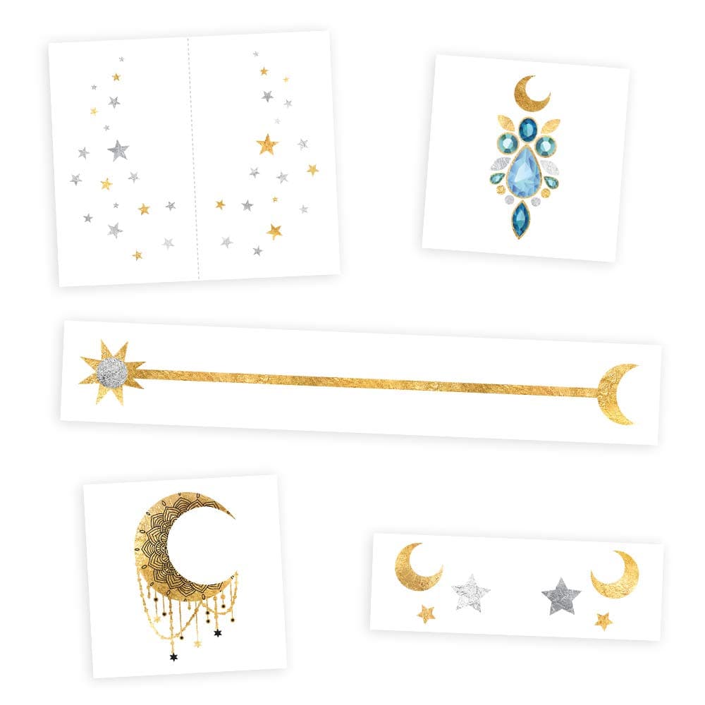 COSMIC GEMS VARIETY SET includes 25 assorted premium waterproof metallic gold & silver temporary foil party tattoos - face sparkle, face tattoo, stars, moon, festival tattoo, boho tattoo, celestial