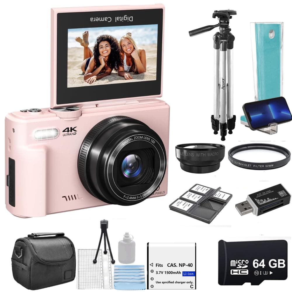 Acuvar 4K Digital Camera 64MP Creator Kit with 50" Tripod, Wide Angle & Macro Lens, 180° Flip Screen, WiFi, 16X Zoom, 64GB Card