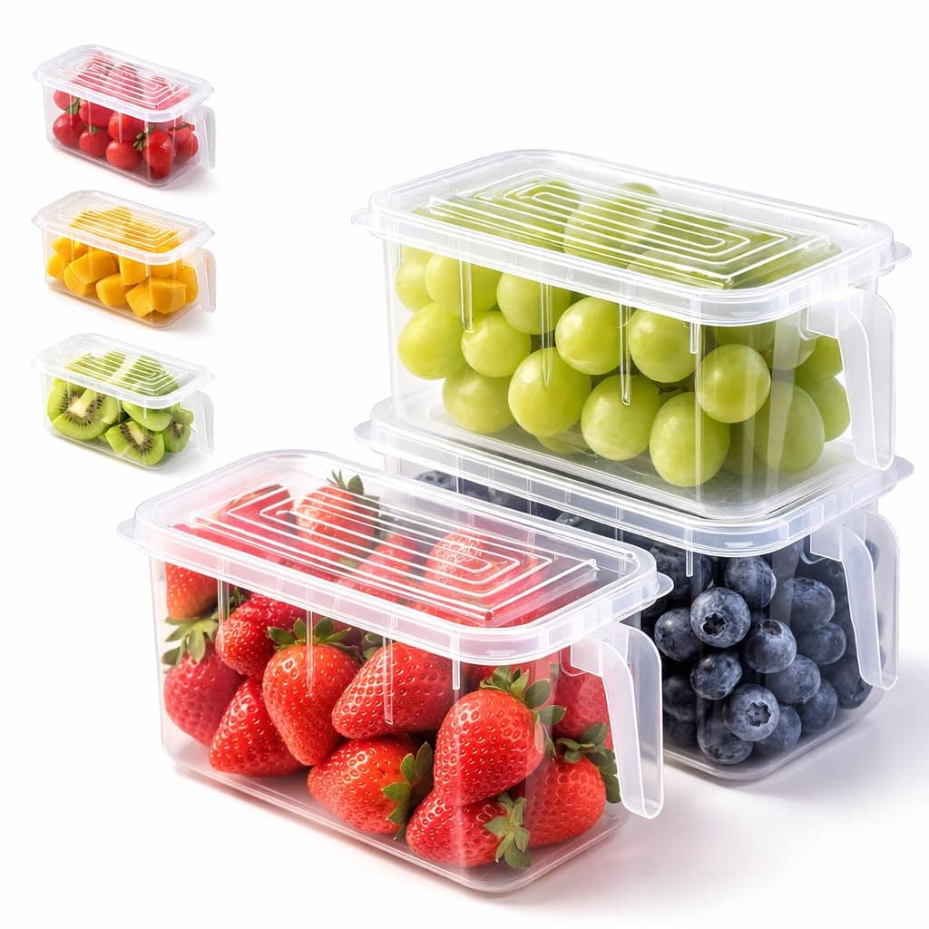 SKY-TOUCH 3 Pieces Refrigerator Organizer, Stackable Plastic Kitchen Food Storage Containers with Lids and Handle for Fruits and Vegetables, Freezer Safe Food Storage Boxes, Transparent