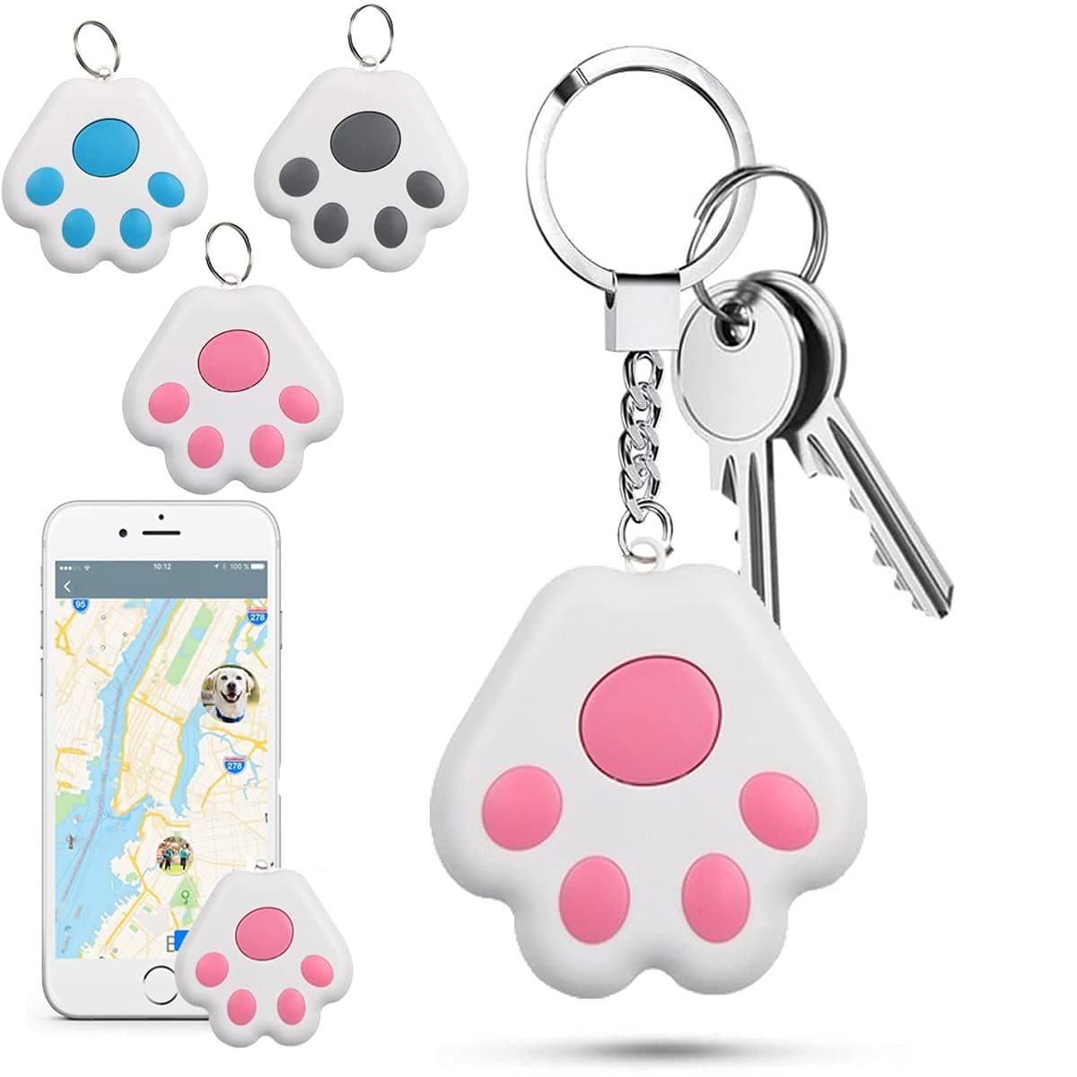 Panos 3 PCS New Mini GPS Tracking Locator, Small Portable Bluetooth Intelligent Anti-Lost Device for Luggages/Kid/Pet/Cat/Dog, Dog Paw Design Bluetooth Alarms Device, PINK, BLACK, BLUE, GREY, RED