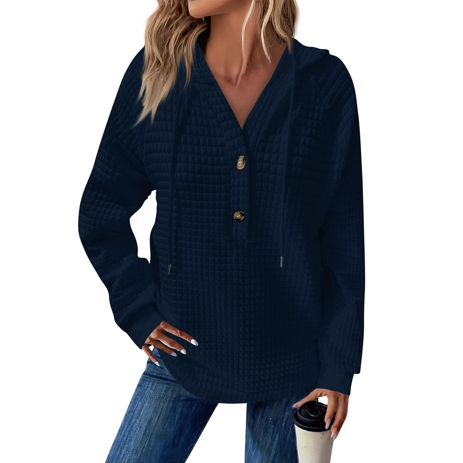 GenericWomens Hoodies Waffle Knit Drawstring Long Sleeve Pullover Casual V Neck Button Up Sweatshirt Tops