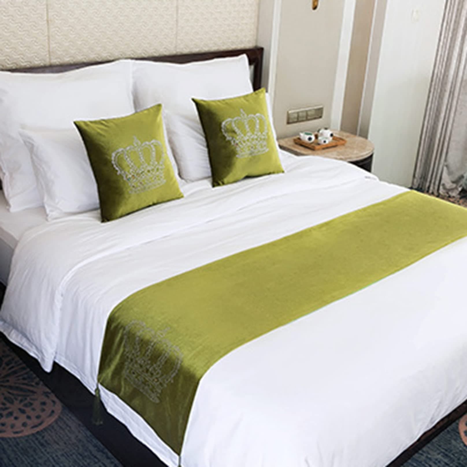 Green Bed Scarf Throw Crown Pattern Diamond Bed Runner Velvet Bedspread with Tassel Modern Bedding Greenets Cover Decor for Hotel Bedroom, 45 x 180cm