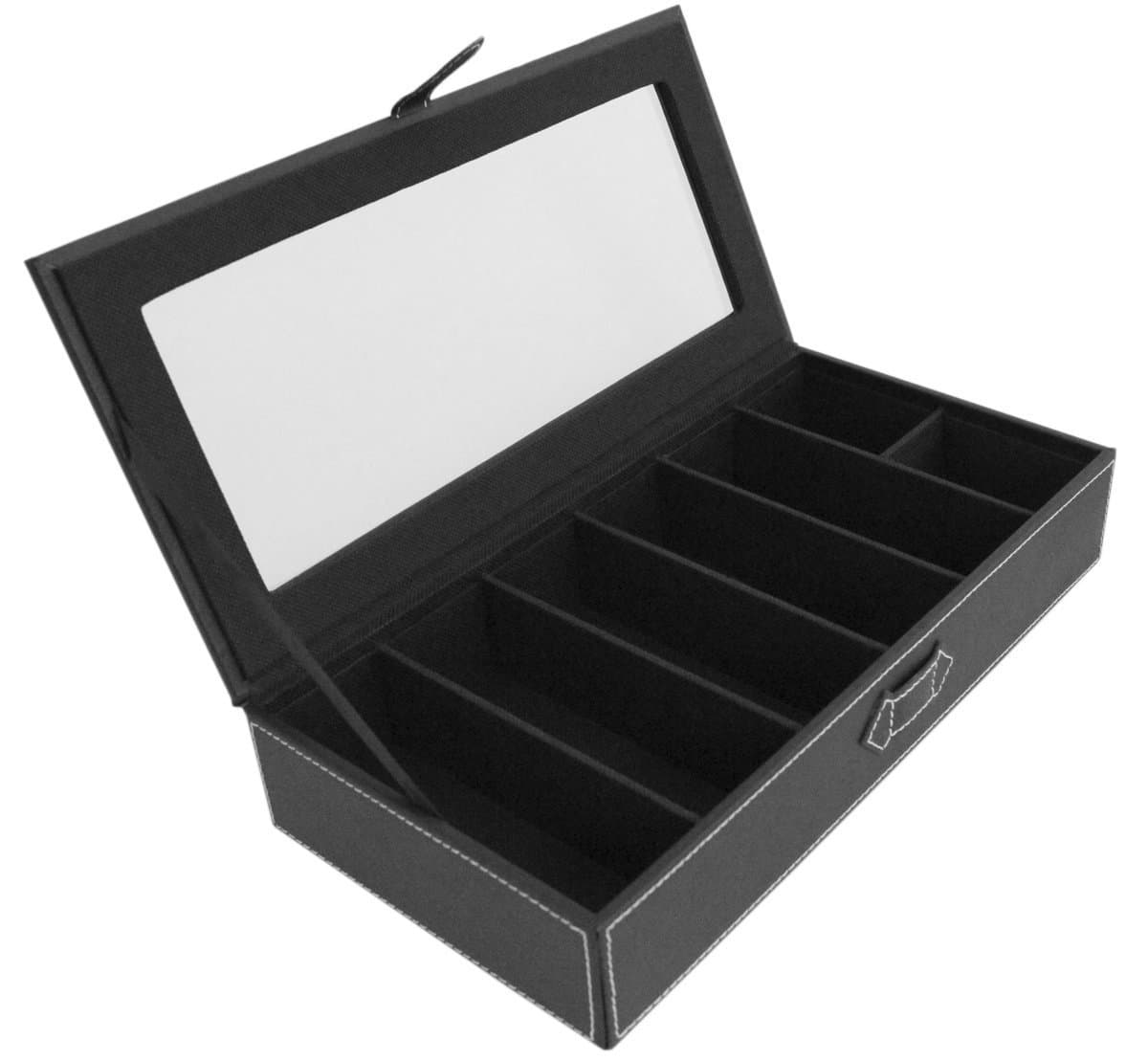 PU Leather Sunglasses Eyewear Eyeglass Storage Display Box Protector Organizer, Classic Black with Durable Acrylic Glass Protector, 7 Compartments