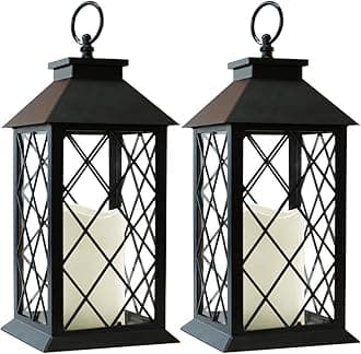 Bright Zeal 2-Pack 14" Vintage Candle Lantern With LED Flickering Flameless Candle (Black, 6hr Timer) - Battery Powered Candle Lantern Outdoor - Decorative Hanging Lantern For Patio - Tabletop Lantern