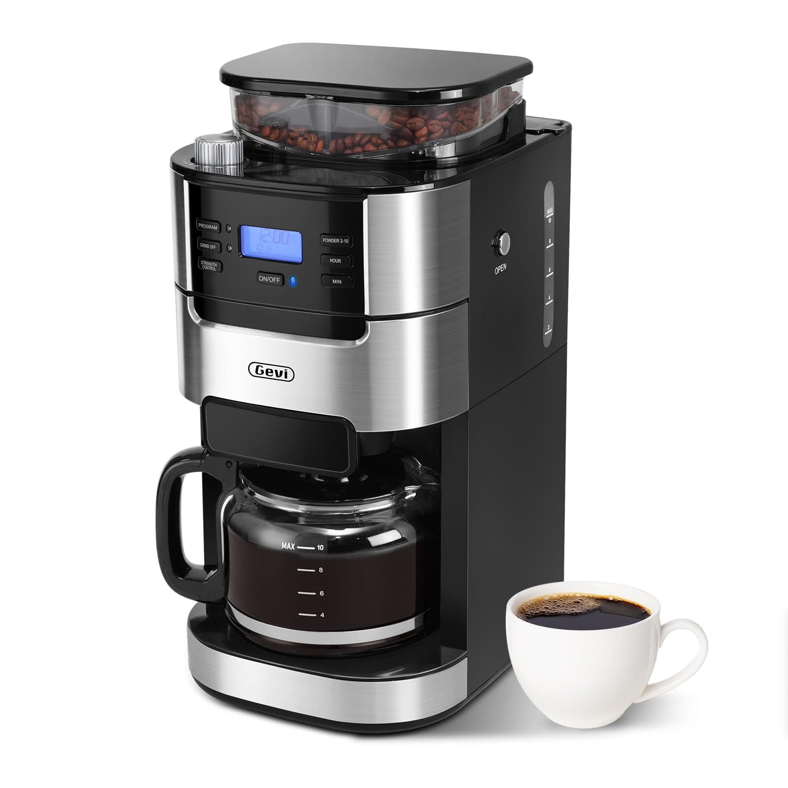 Gevi 10-Cup Drip Coffee Maker with Built-in Burr Grinder & Programmable Timer, 1.5L Water Tank, Auto Keep-Warm, Reusable Filter - Fresh Ground Coffee Machine (Black)