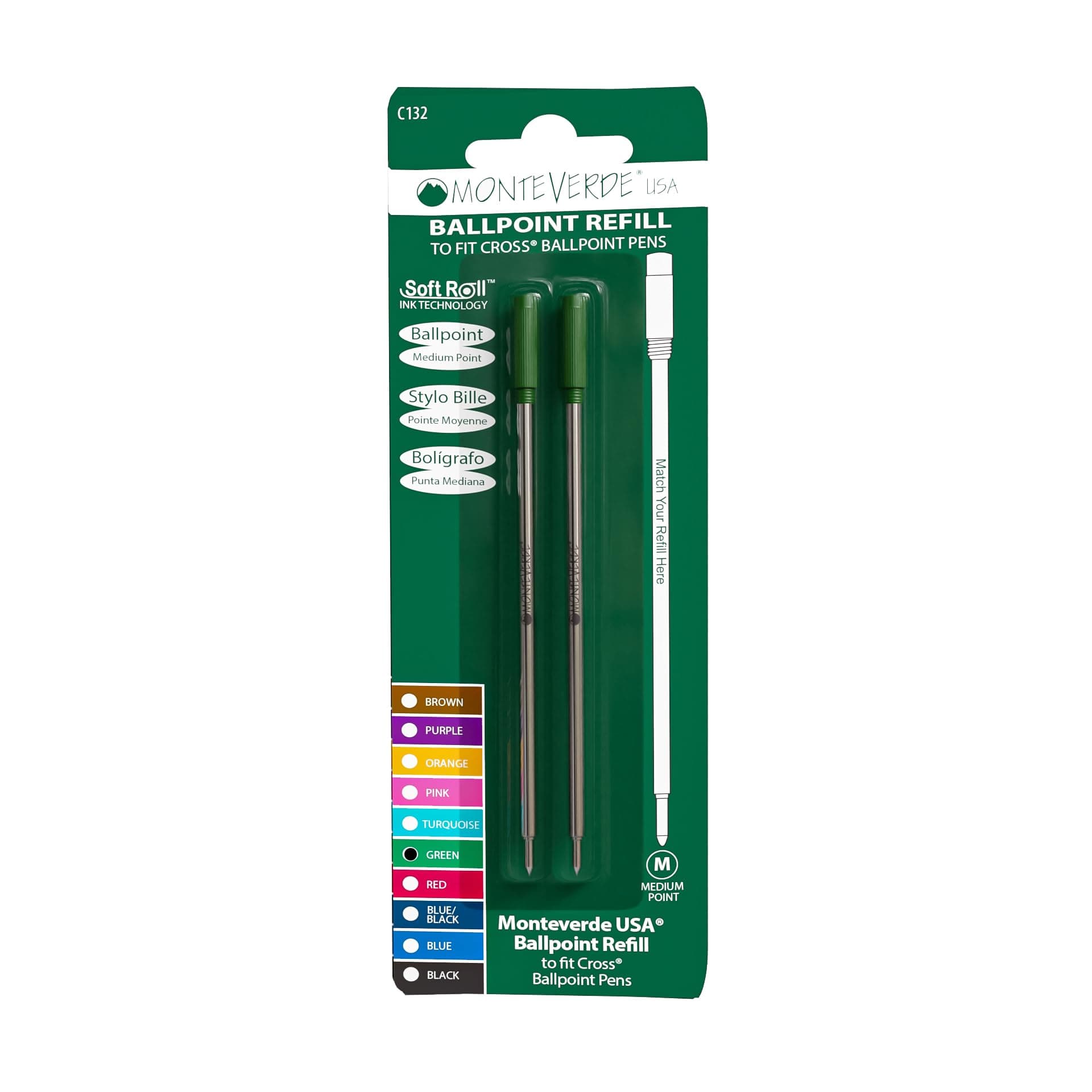 Monteverde Medium Ballpoint Soft Roll Refill for Cross Pens - Green (Pack of 2)