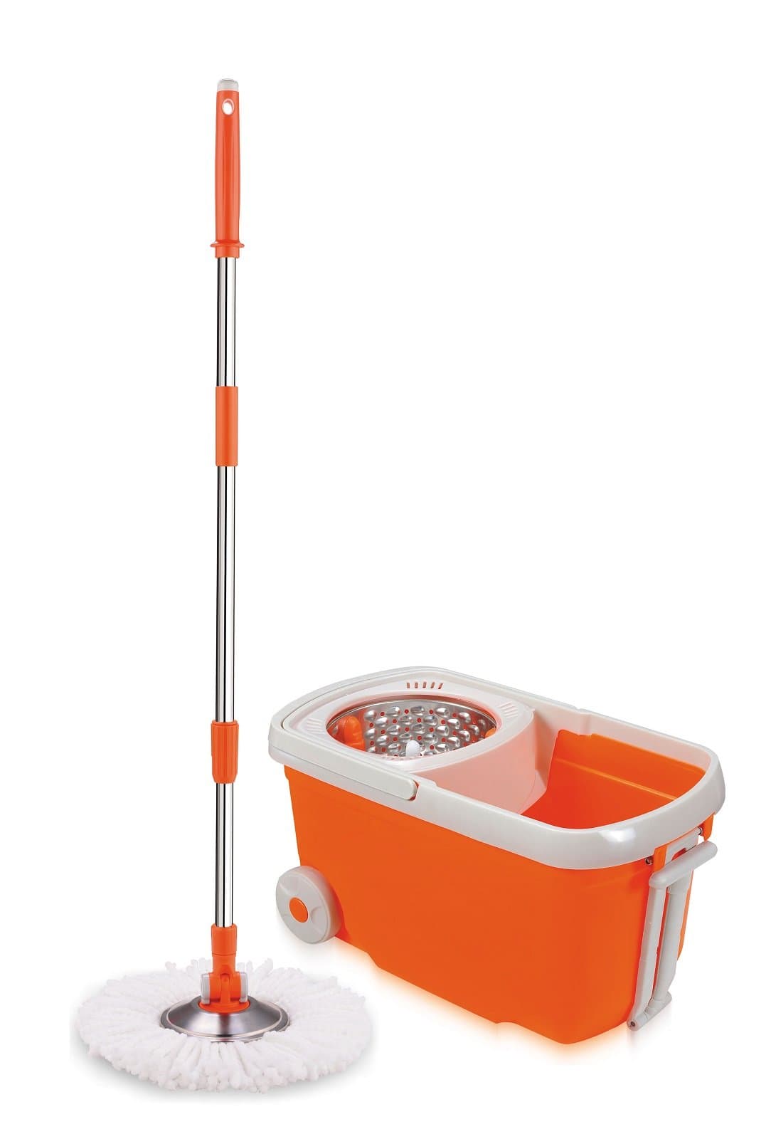 Walkable Deluxe Magic Mop and Spin Dry Bucket with 2 Mop Heads + Squeegee (Orange)