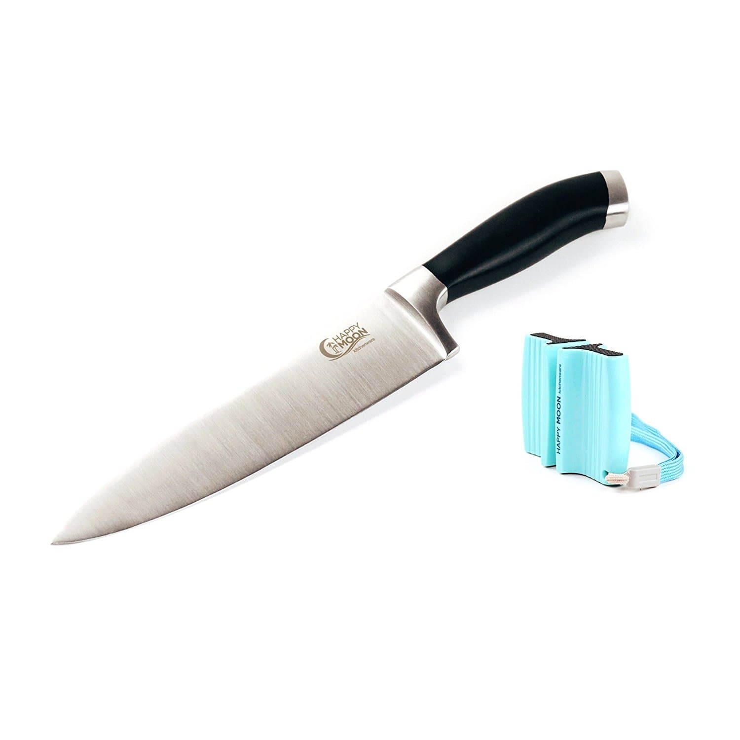 Chef Knife with Sharpener By HappyMoon Kitchenware. 8" Stainless Steel Ergonomic Chefs Knife With Sharpener and Box