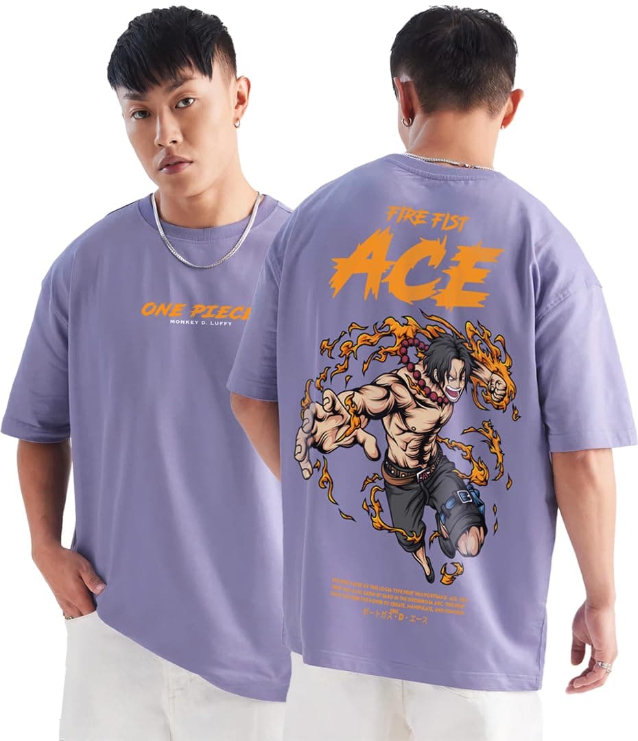 DarkbuckAnime One Piece Ace Monkey D Luffy Oversized Lavander T Shirt for Men and Women Drop Shoulder Loose Baggy Fit Unisex