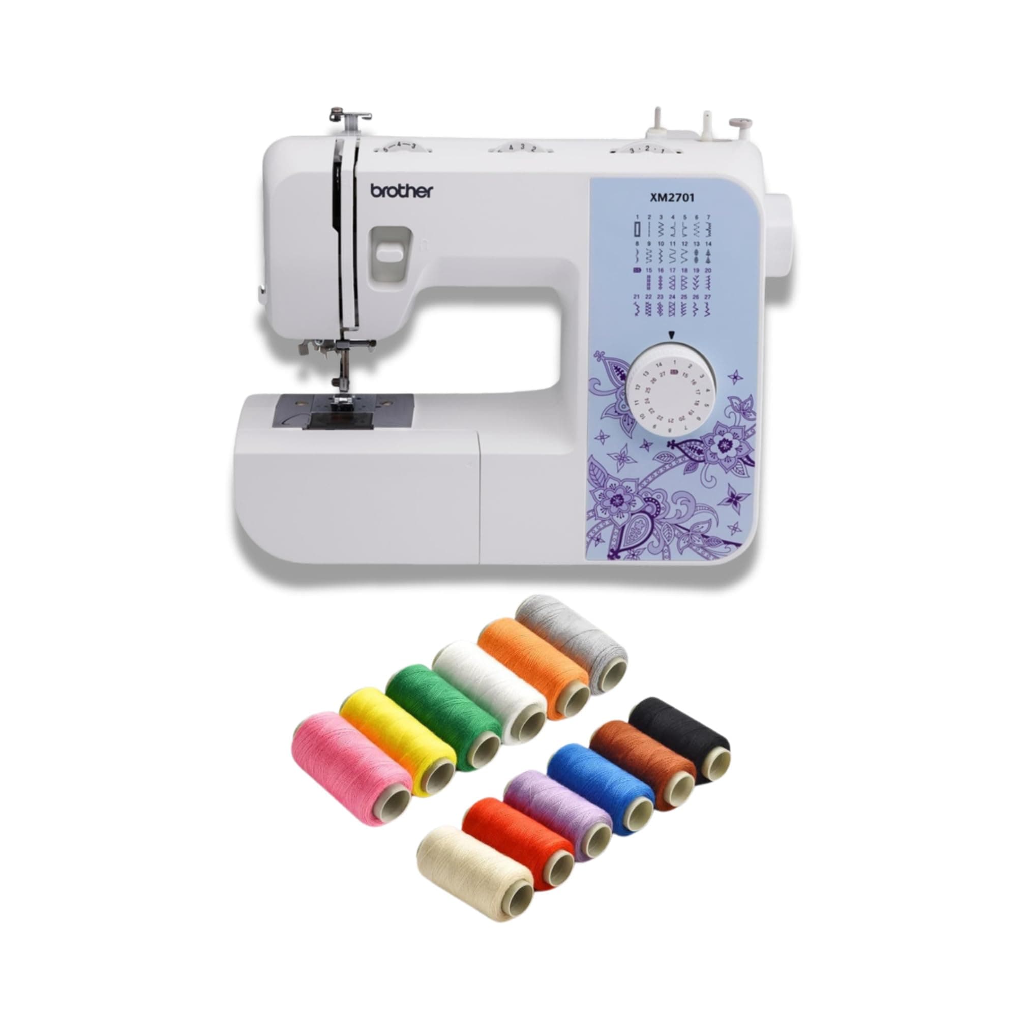 Brother XM2701 27 Built-in Stitches 63 Stitch Functions Automatic Needle Threader LED Sewing Machine Bundle with 12 Color Sewing Thread Kit (13 Items)