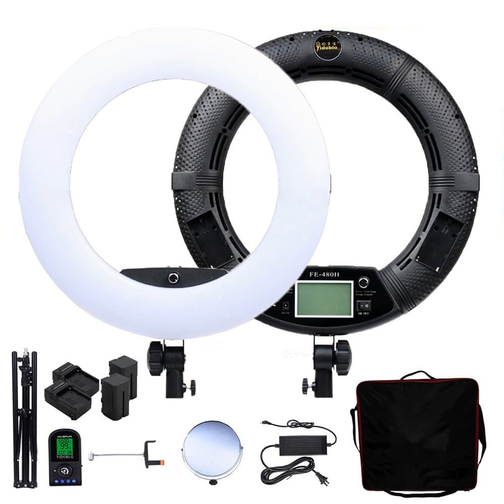 Dimmable LED Ring Light FE-480II for Portrait Selfie YouTube Photo Video Studio Lighting with Tripod, Bag, Mirror, Photo Holder, Batteries, Chargers and Carrying Bag Black