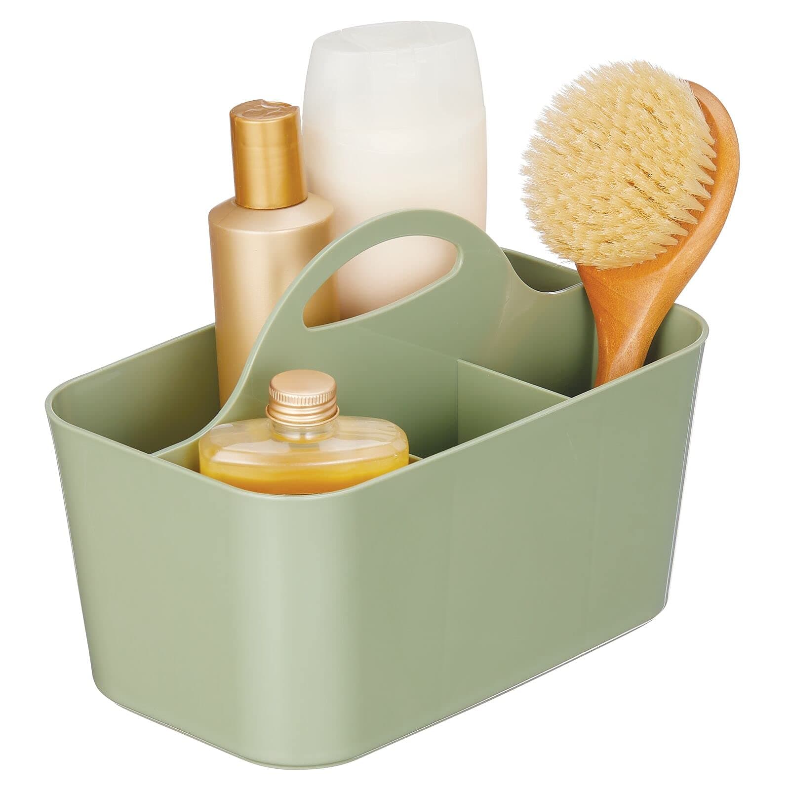 mDesign Small Plastic Shower/Bath Storage Organizer Caddy Tote with Handle for Dorm, Shelf, Cabinet - Hold Soap, Shampoo, Conditioner, Combs, Brushes, Lumiere Collection, Olive Green