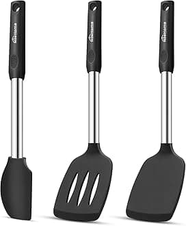 NileHomePack of 3 Spatulas Silicone Heat Resistant, Silicone Cooking Utensils Set, Silicone Spatula BPA Free Cooking Utensils, Ideal Cookware for Fish, Eggs, Pancakes (Black)