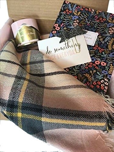 Blush Gift Box w/Scarf, Candle, Notebook & Planner Accessory for a Friend, Mom, Daughter, Aunt, Grandma or Any Woman! Birthdays, Mother's Day or Any Occasion (Light Pink/Grey)