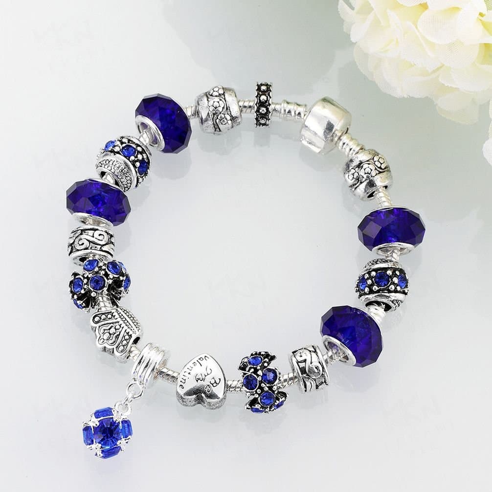 DIY silver colored beads bracelet Blue With Gift Box