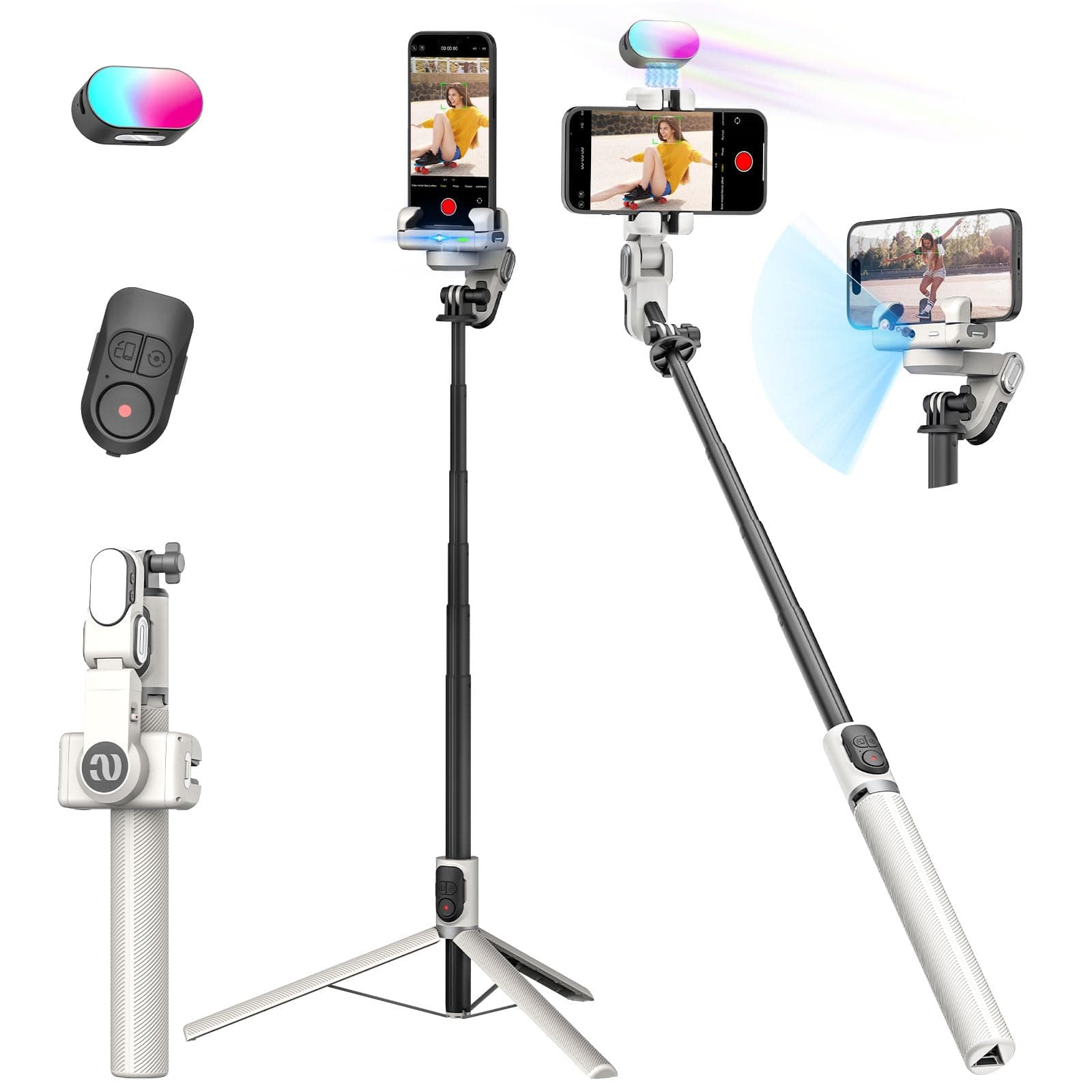AOCHUAN Smartphone Gimbal Stabilizer, Smart Face Tracking Tripod Without APP - 4 in 1 Cellphone Gimbal Stabilizer for iPhone&Android Extended 108cm Rod with RGB Fill Light,M2PRO White