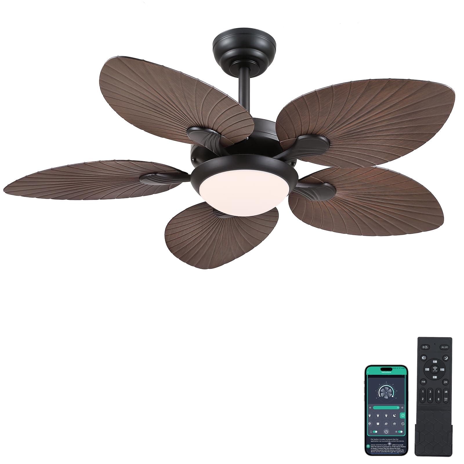 Tropical Ceiling Fans with Lights, 44 Inch Palm Leaf Outdoor Ceiling Fan with Light for Patios Porch Bedroom, Remote/APP Control, Reversible Quiet DC Motor, Dimmable LED, Dark Brown