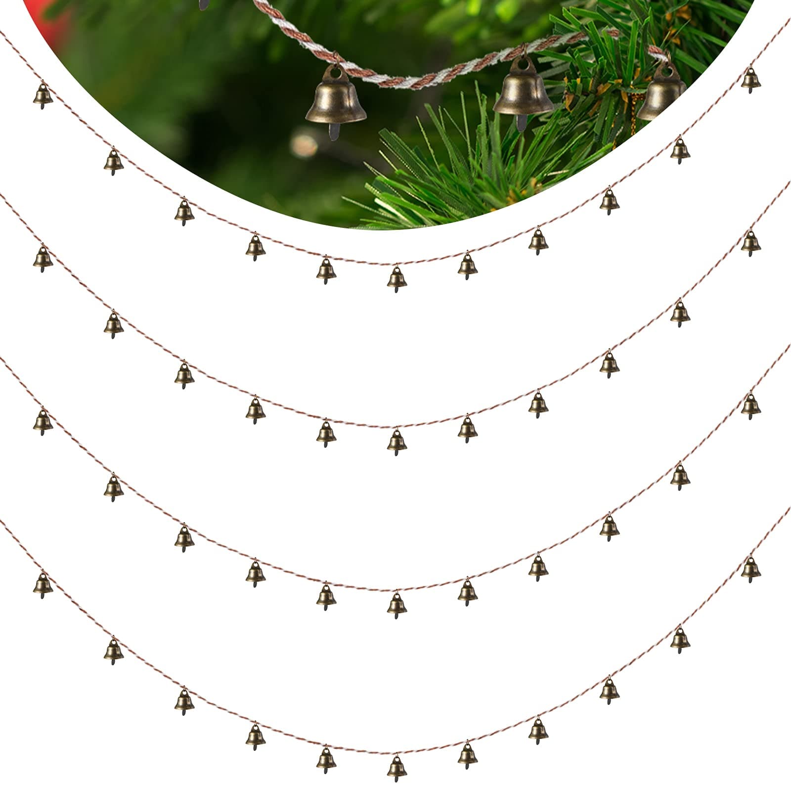 4 Pieces Hanging Bells Strings Decor Handicrafts String Bells Metal Hanging Bell String Vintage Christmas Bells Xmas Tree Decorative Small Bells Strings for Home, Office, Wall, Door Decorations