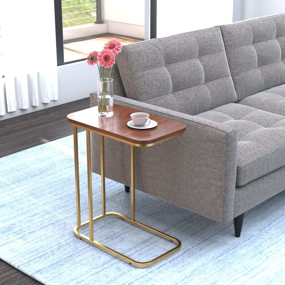 DECOWORLD|| Premium Side Table || Metal Side Table with Wooden Top || End Table for Living Room, Sofa C Type Table or Bed Side Stand (Golden)